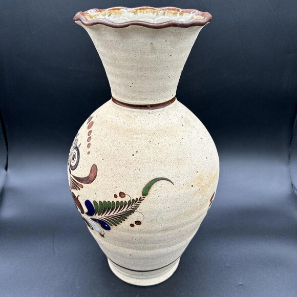 Vtg Tonala Mexican Pottery Vase Owl Floral Sandstone Folk Art Mexico Signed Lrg - Picture 4 of 9